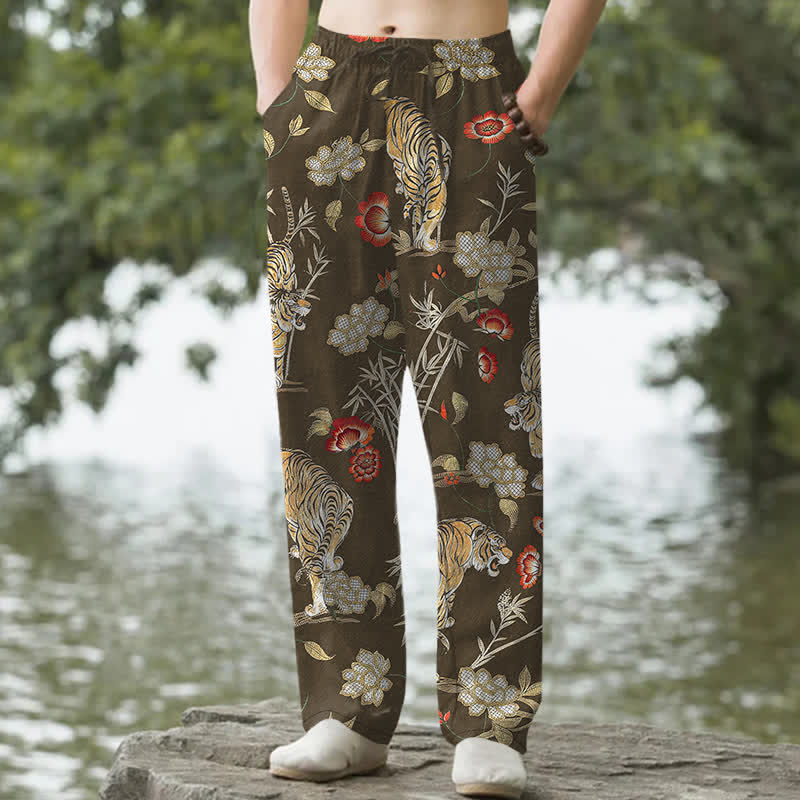 Nimara Ritual Cotton Tiger Floral Bamboo Pattern Men's Tapered Pants With Pockets