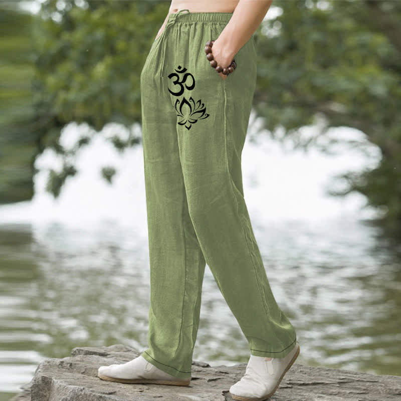 Nimara Ritual Cotton Lotus Om Pattern Men's Tapered Pants With Pockets