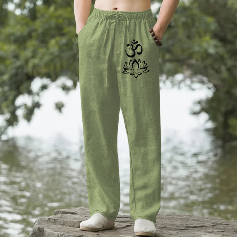 Nimara Ritual Cotton Lotus Om Pattern Men's Tapered Pants With Pockets