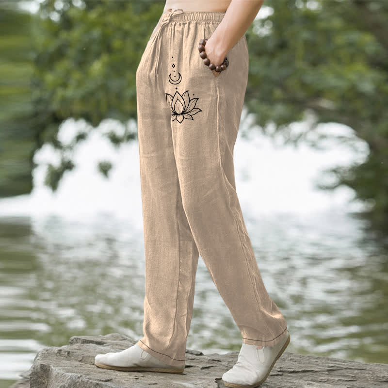 Nimara Ritual Cotton Lotus Moon Pattern Men's Tapered Pants With Pockets