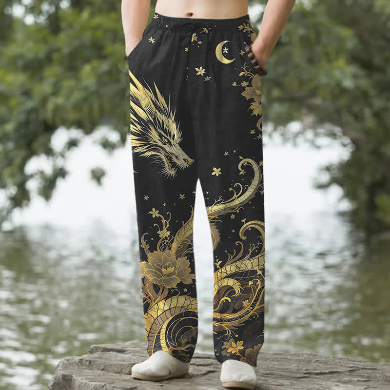 Nimara Ritual Cotton Golden Dragon Cloud Pattern Men's Tapered Pants With Pockets