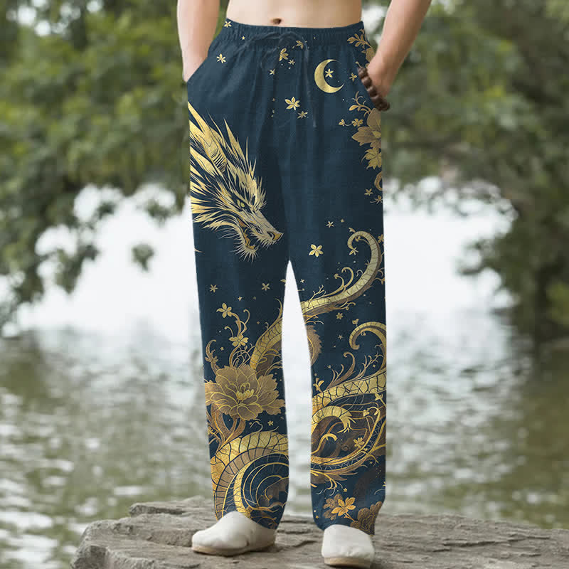 Nimara Ritual Cotton Golden Dragon Cloud Pattern Men's Tapered Pants With Pockets