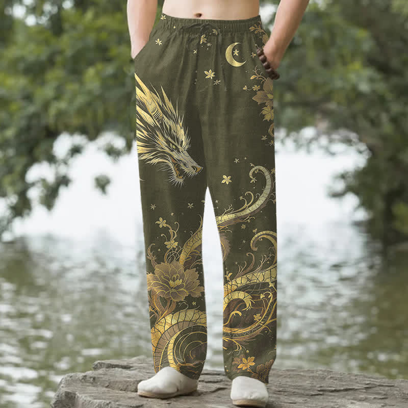 Nimara Ritual Cotton Golden Dragon Cloud Pattern Men's Tapered Pants With Pockets
