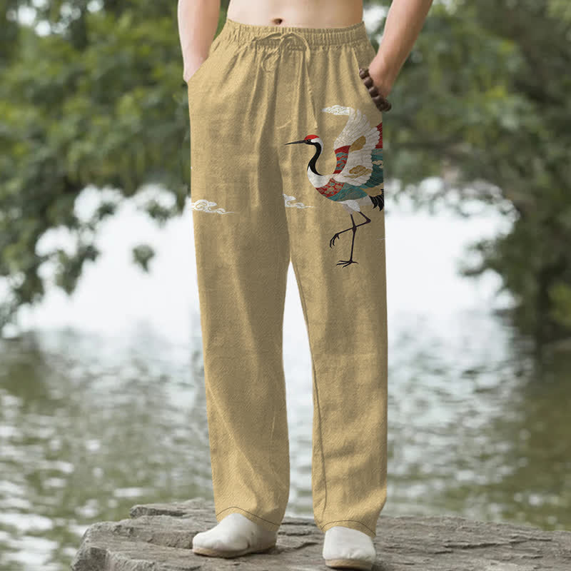 Nimara Ritual Cotton White Crane Wave Pattern Men's Tapered Pants With Pockets