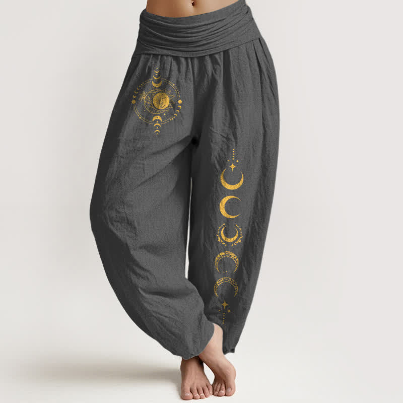 Nimara Ritual Pure Cotton Golden Moon Phase Pattern Women's Elastic Waist Harem Pants