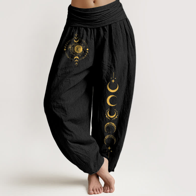 Nimara Ritual Pure Cotton Golden Moon Phase Pattern Women's Elastic Waist Harem Pants