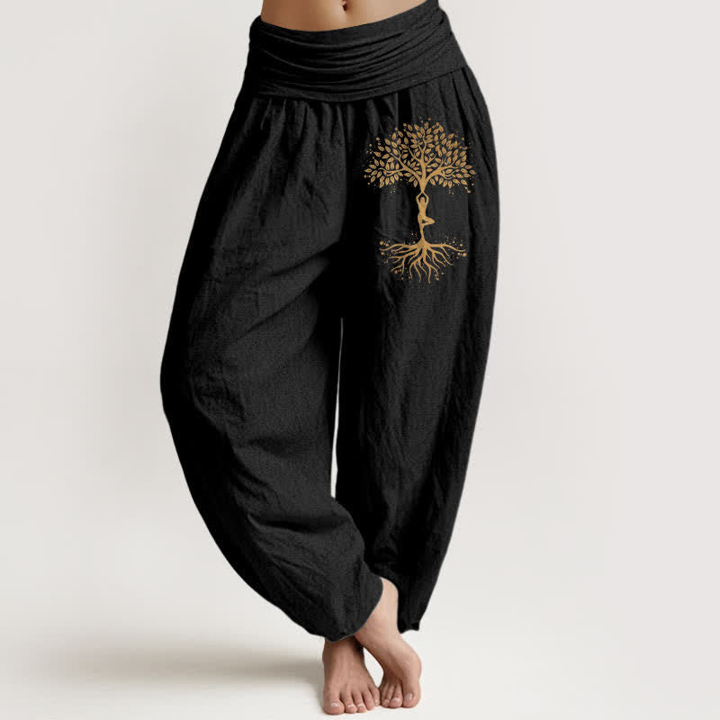Nimara Ritual Pure Cotton Golden Tree of Life Pattern Women's Elastic Waist Harem Pants