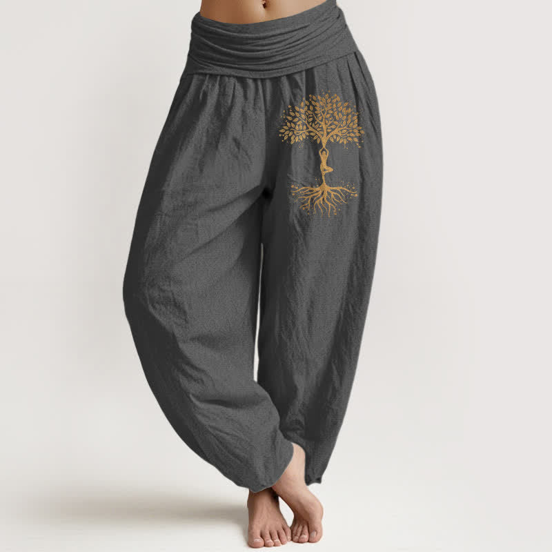 Nimara Ritual Pure Cotton Golden Tree of Life Pattern Women's Elastic Waist Harem Pants