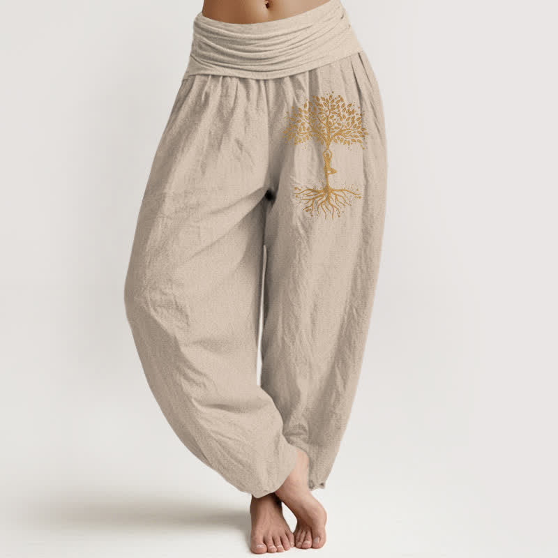 Nimara Ritual Pure Cotton Golden Tree of Life Pattern Women's Elastic Waist Harem Pants