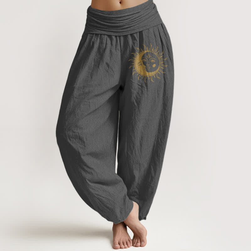 Nimara Ritual Pure Cotton Golden Sun Moon Pattern Women's Elastic Waist Harem Pants