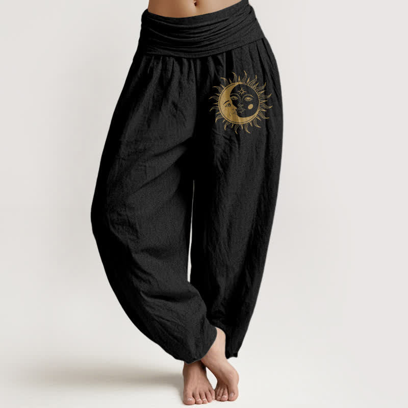 Nimara Ritual Pure Cotton Golden Sun Moon Pattern Women's Elastic Waist Harem Pants