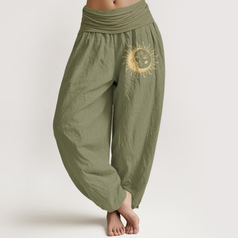 Nimara Ritual Pure Cotton Golden Sun Moon Pattern Women's Elastic Waist Harem Pants