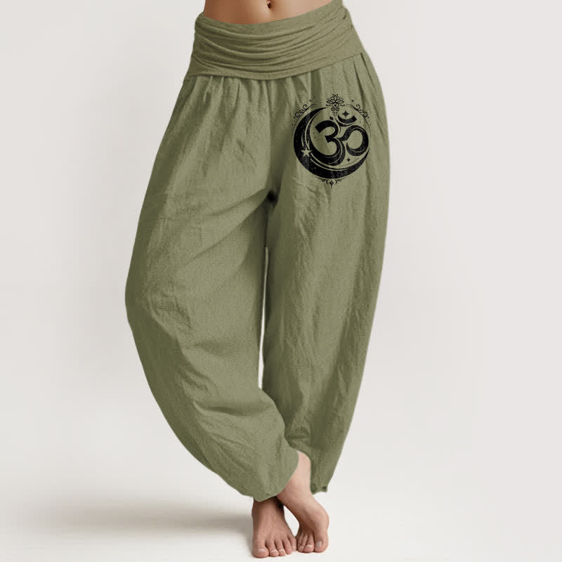 Nimara Ritual Pure Cotton Sacred Om Pattern Women's Elastic Waist Harem Pants