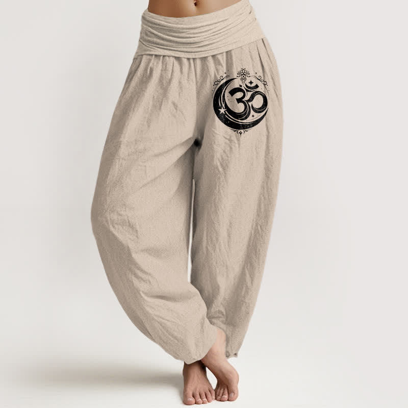 Nimara Ritual Pure Cotton Sacred Om Pattern Women's Elastic Waist Harem Pants