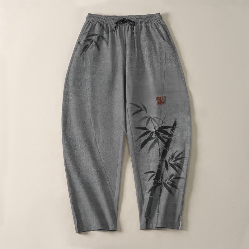 Nimara Ritual Pure Cotton Ink Bamboo Pattern Drawstring Men's Tapered Pants With Pockets