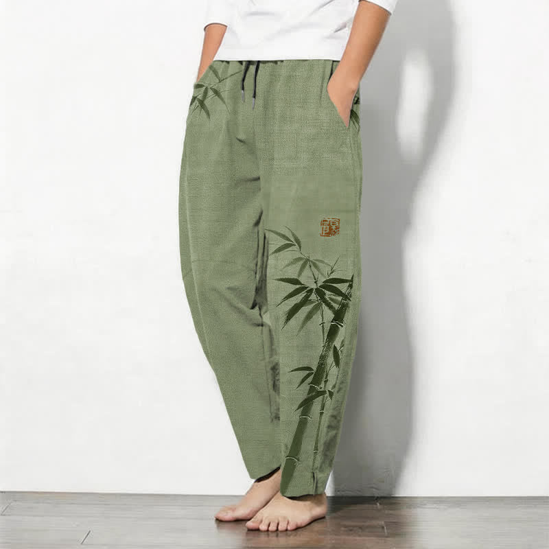 Nimara Ritual Pure Cotton Ink Bamboo Pattern Drawstring Men's Tapered Pants With Pockets