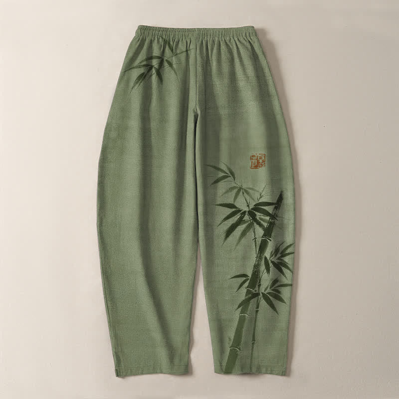 Nimara Ritual Pure Cotton Ink Bamboo Pattern Drawstring Men's Tapered Pants With Pockets