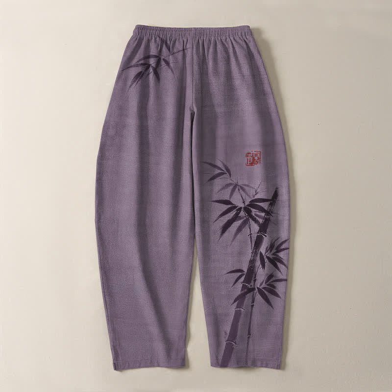 Nimara Ritual Pure Cotton Ink Bamboo Pattern Drawstring Men's Tapered Pants With Pockets