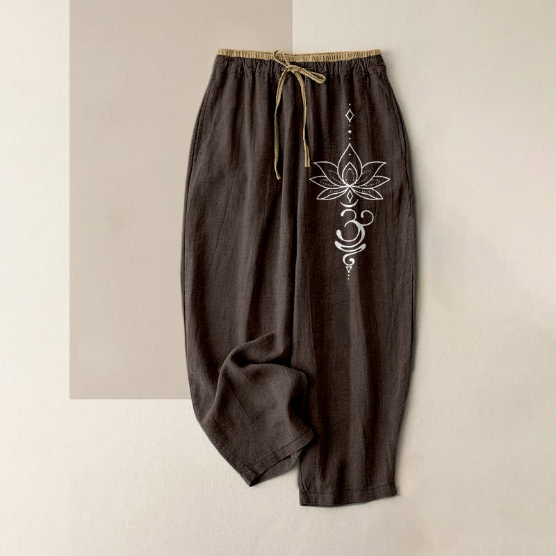 Nimara Ritual Pure Cotton Zen Lotus Om Pattern Women's Elastic Waist Pants With Pockets