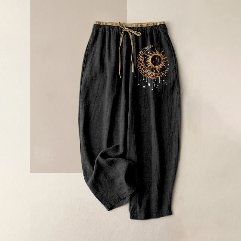 Nimara Ritual Pure Cotton Celestial Sun Moon Pattern Women's Elastic Waist Pants With Pockets