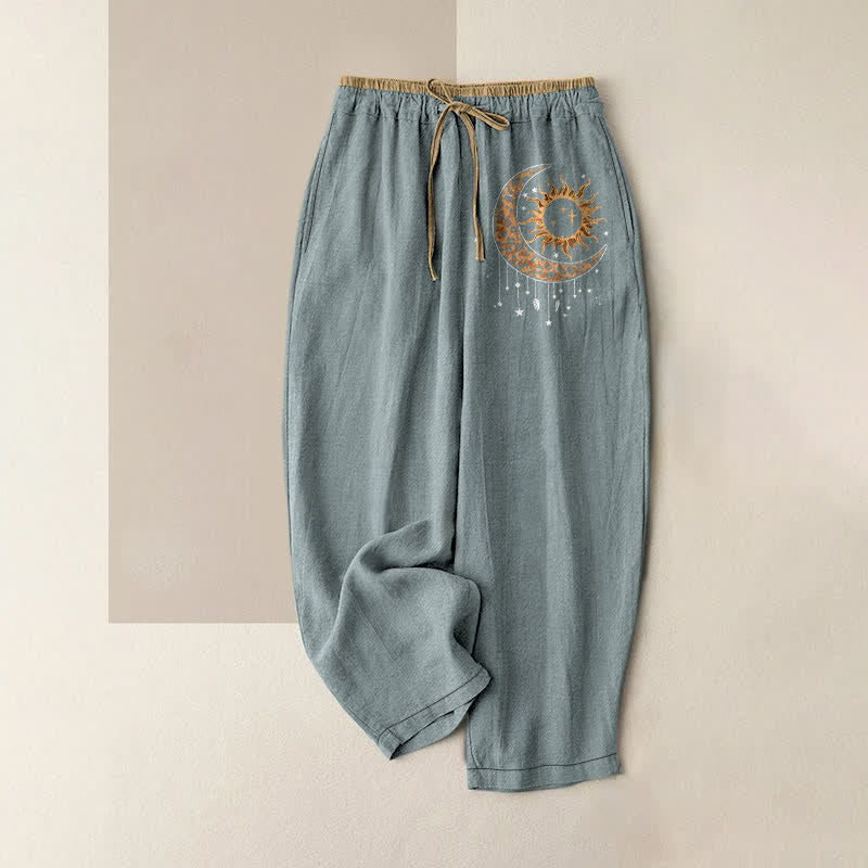 Nimara Ritual Pure Cotton Celestial Sun Moon Pattern Women's Elastic Waist Pants With Pockets