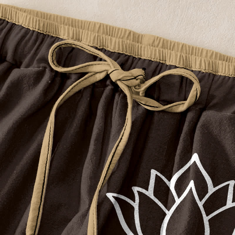 Nimara Ritual Pure Cotton White Lotus Pattern Women's Elastic Waist Pants With Pockets