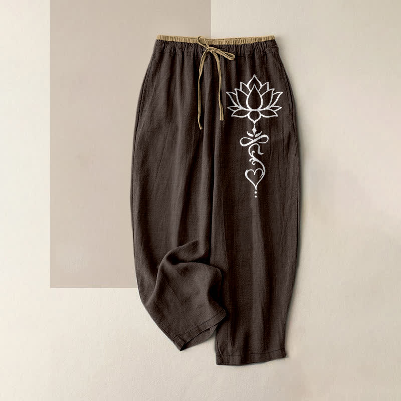 Nimara Ritual Pure Cotton White Lotus Pattern Women's Elastic Waist Pants With Pockets