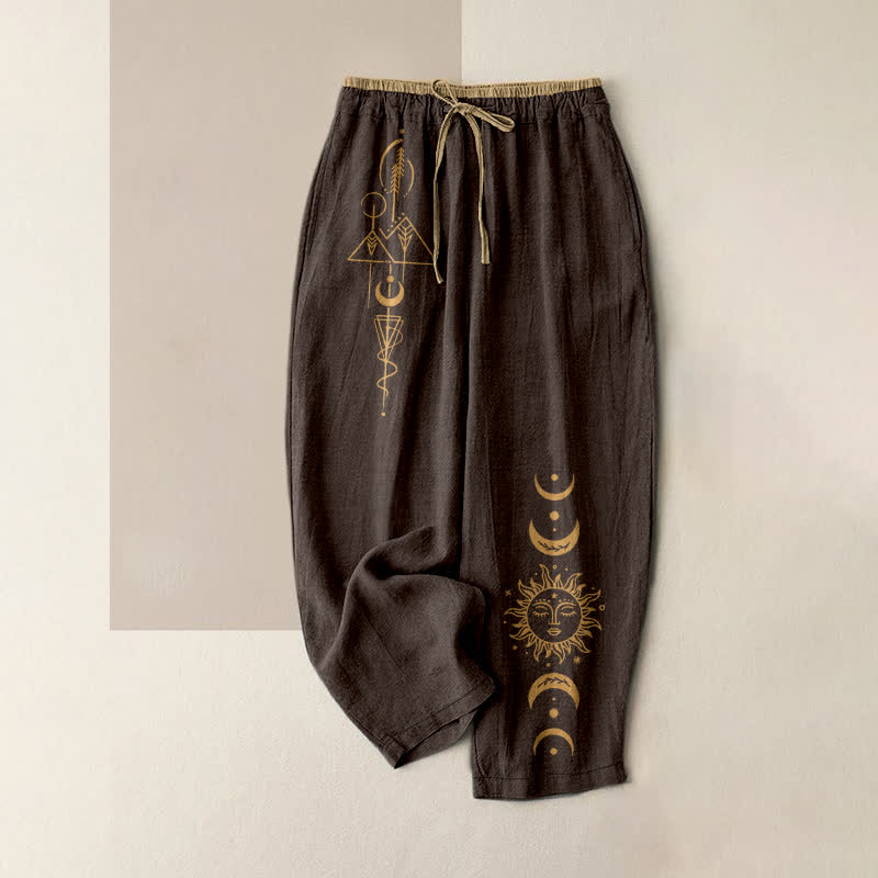 Nimara Ritual Pure Cotton Celestial Sun Moon Pattern Women's Elastic Waist Pants With Pockets