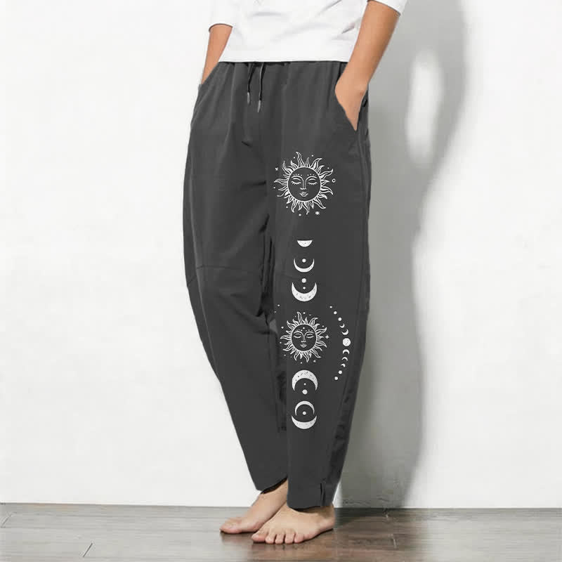 Nimara Ritual Pure Cotton Sun Moon Phase Pattern Drawstring Men's Tapered Pants With Pockets