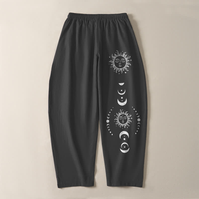 Nimara Ritual Pure Cotton Sun Moon Phase Pattern Drawstring Men's Tapered Pants With Pockets