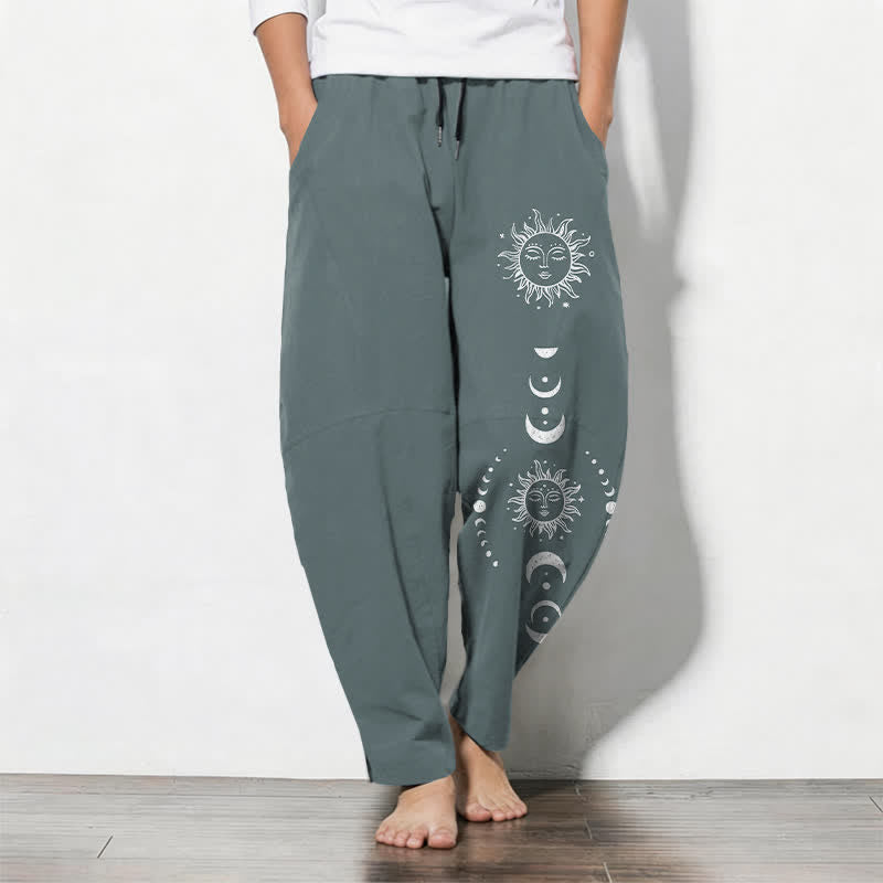 Nimara Ritual Pure Cotton Sun Moon Phase Pattern Drawstring Men's Tapered Pants With Pockets