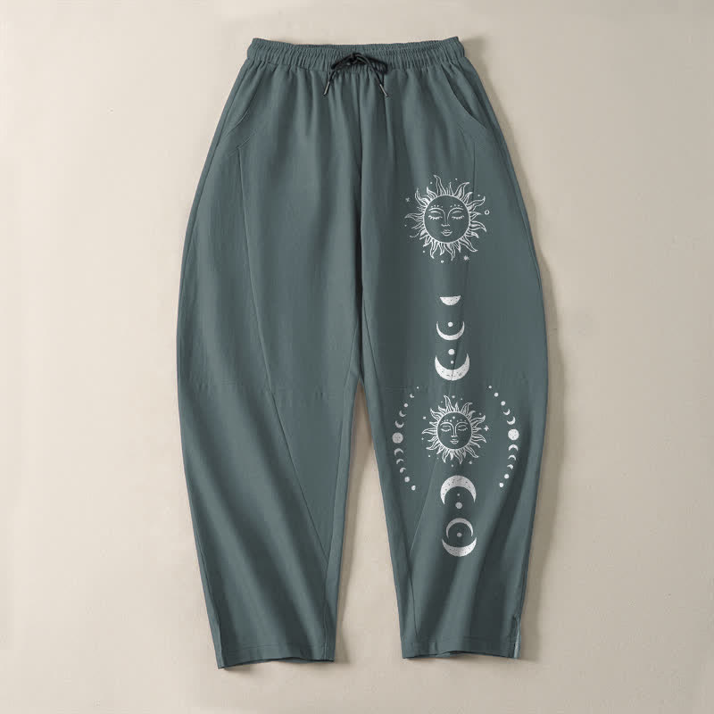 Nimara Ritual Pure Cotton Sun Moon Phase Pattern Drawstring Men's Tapered Pants With Pockets