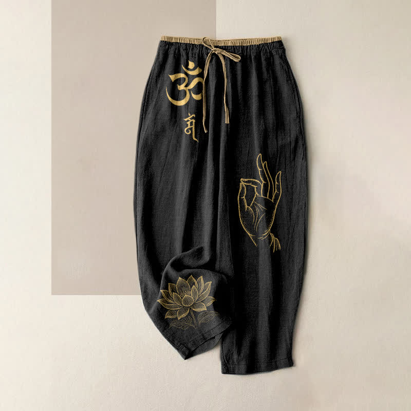 Nimara Ritual Pure Cotton Sacred Om Lotus Pattern Women's Elastic Waist Pants With Pockets