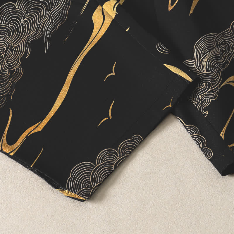 Nimara Ritual Pure Cotton Golden Cloud Wave Pattern Drawstring Men's Tapered Pants With Pockets