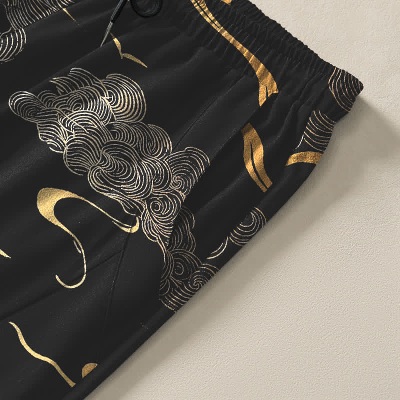 Nimara Ritual Pure Cotton Golden Cloud Wave Pattern Drawstring Men's Tapered Pants With Pockets