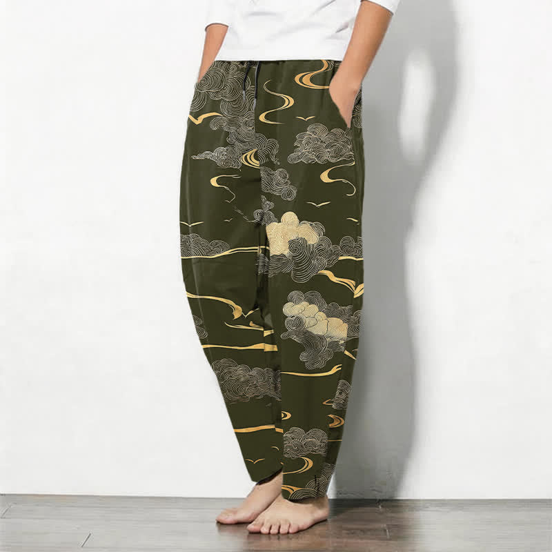 Nimara Ritual Pure Cotton Golden Cloud Wave Pattern Drawstring Men's Tapered Pants With Pockets