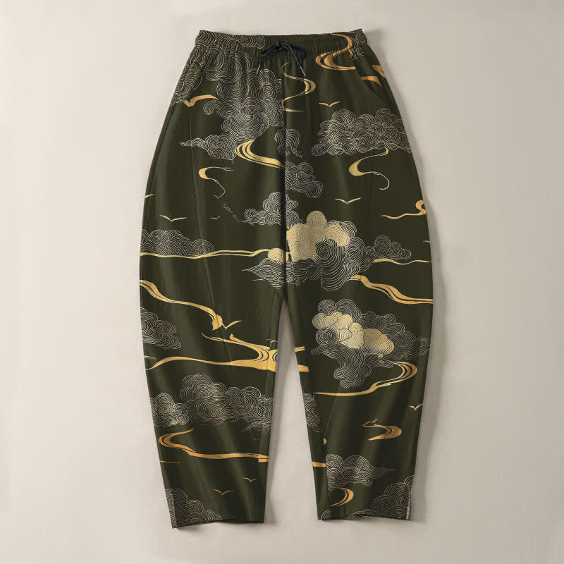 Nimara Ritual Pure Cotton Golden Cloud Wave Pattern Drawstring Men's Tapered Pants With Pockets