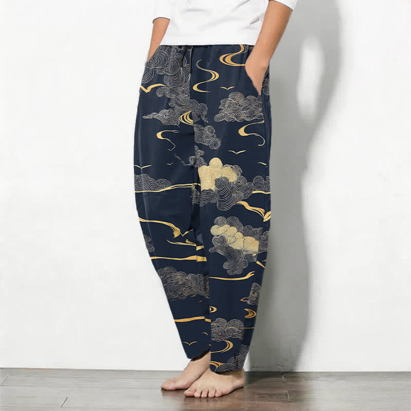 Nimara Ritual Pure Cotton Golden Cloud Wave Pattern Drawstring Men's Tapered Pants With Pockets