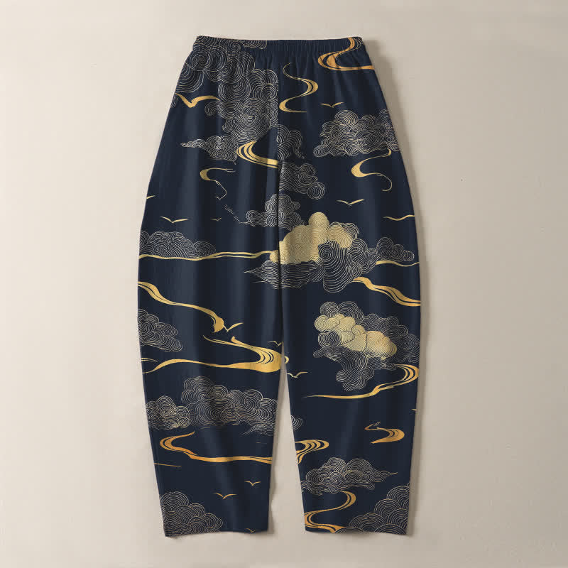 Nimara Ritual Pure Cotton Golden Cloud Wave Pattern Drawstring Men's Tapered Pants With Pockets
