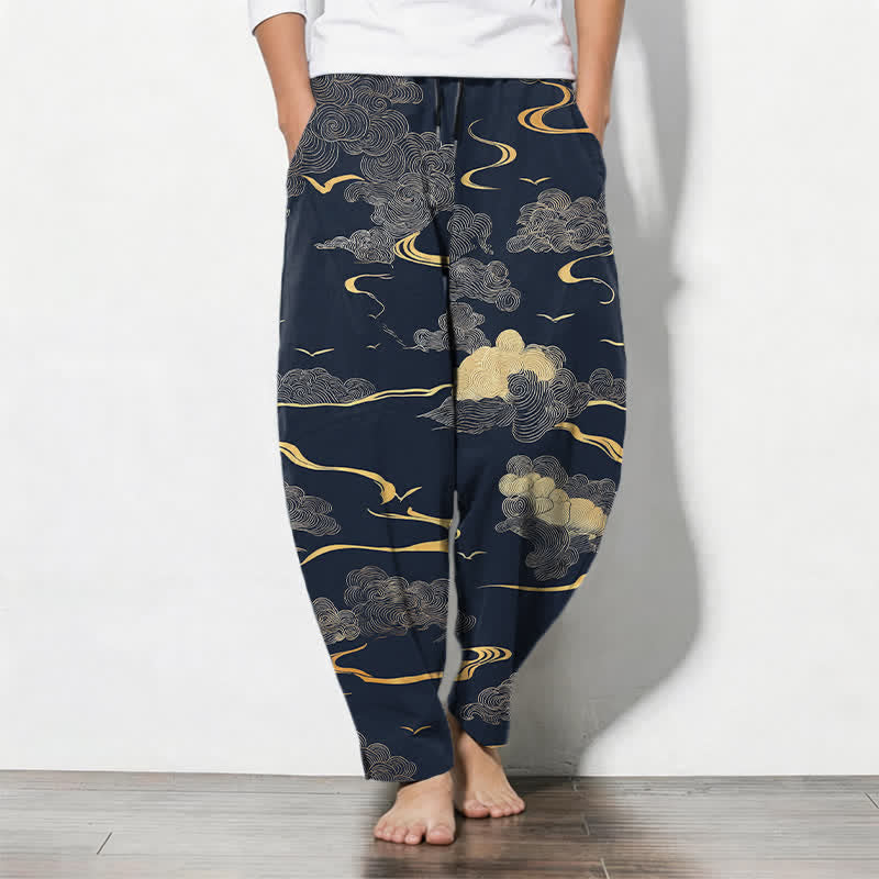 Nimara Ritual Pure Cotton Golden Cloud Wave Pattern Drawstring Men's Tapered Pants With Pockets