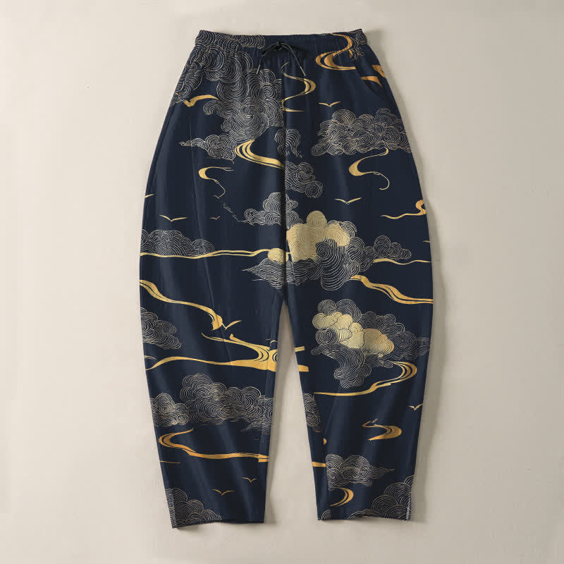 Nimara Ritual Pure Cotton Golden Cloud Wave Pattern Drawstring Men's Tapered Pants With Pockets