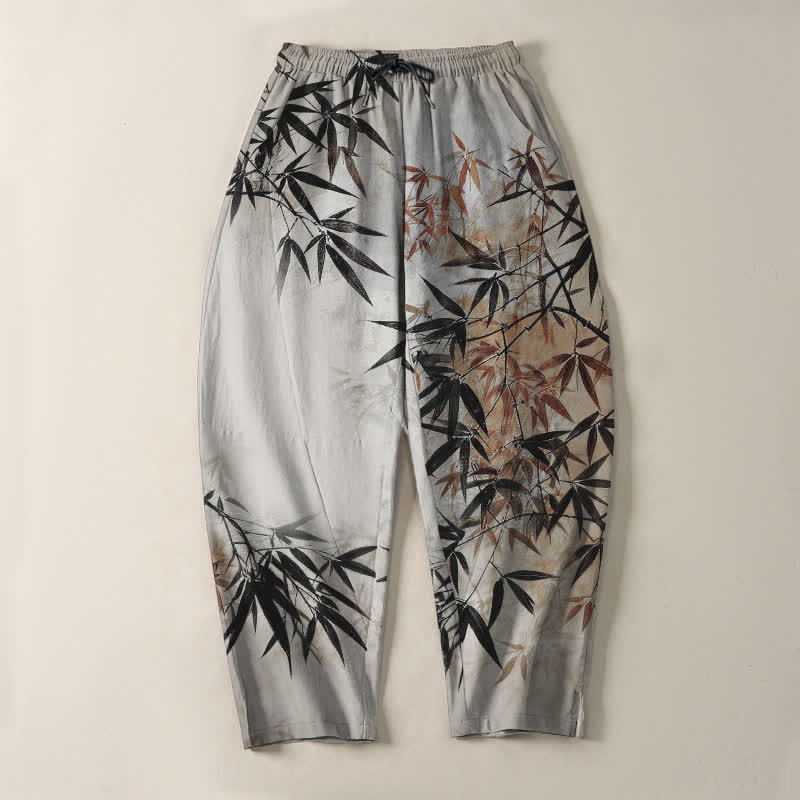 Nimara Ritual Pure Cotton Ink Bamboo Leaf Pattern Drawstring Men's Tapered Pants With Pockets
