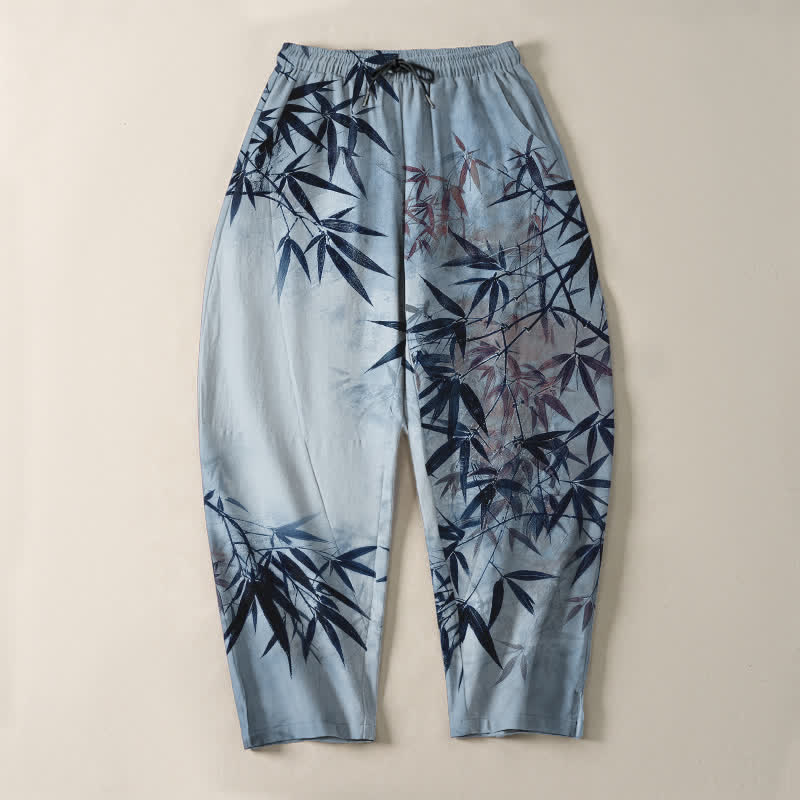 Nimara Ritual Pure Cotton Ink Bamboo Leaf Pattern Drawstring Men's Tapered Pants With Pockets