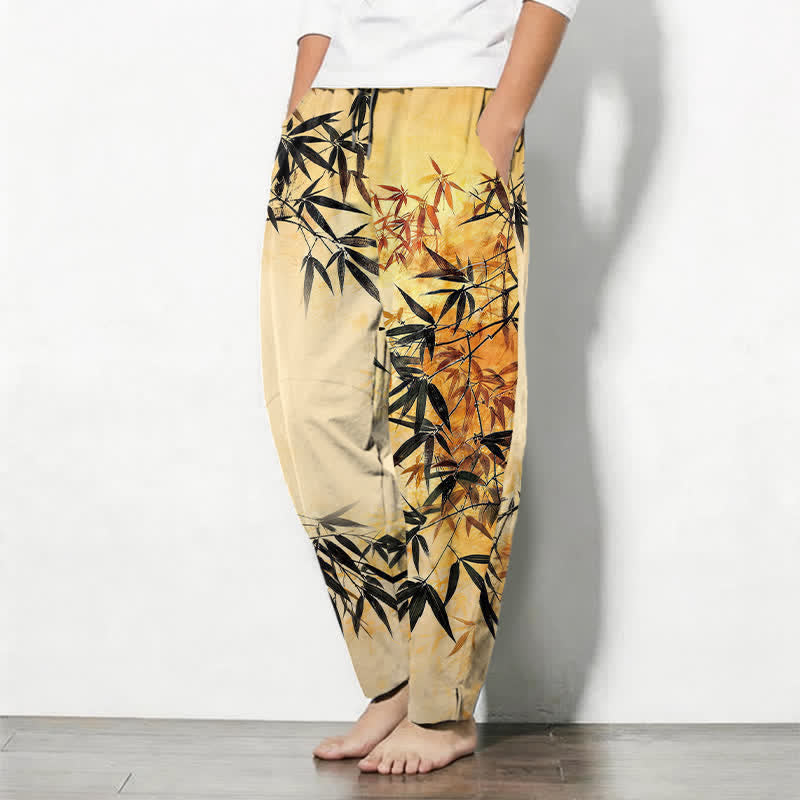 Nimara Ritual Pure Cotton Ink Bamboo Leaf Pattern Drawstring Men's Tapered Pants With Pockets