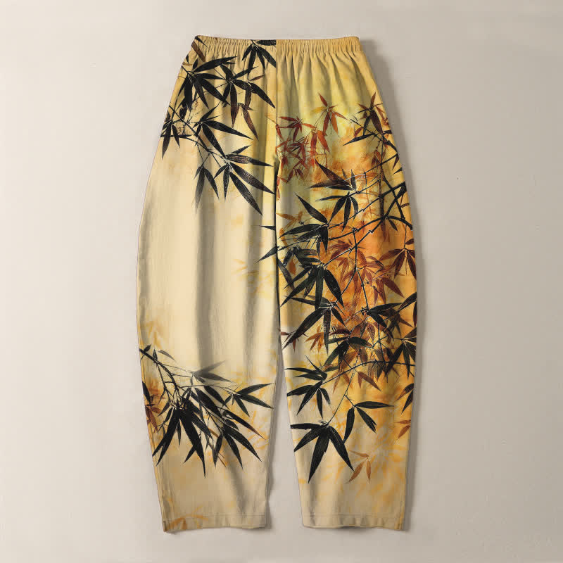 Nimara Ritual Pure Cotton Ink Bamboo Leaf Pattern Drawstring Men's Tapered Pants With Pockets