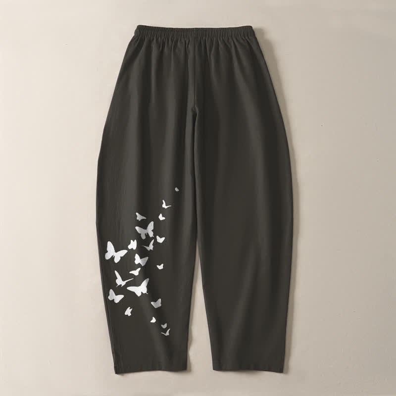 Nimara Ritual Pure Cotton White Butterfly Cluster Pattern Drawstring Men's Tapered Pants With Pockets