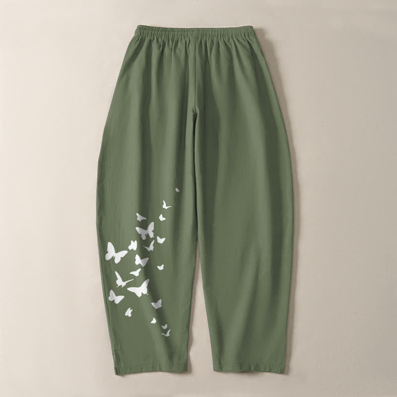 Nimara Ritual Pure Cotton White Butterfly Cluster Pattern Drawstring Men's Tapered Pants With Pockets