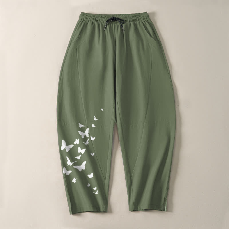 Nimara Ritual Pure Cotton White Butterfly Cluster Pattern Drawstring Men's Tapered Pants With Pockets