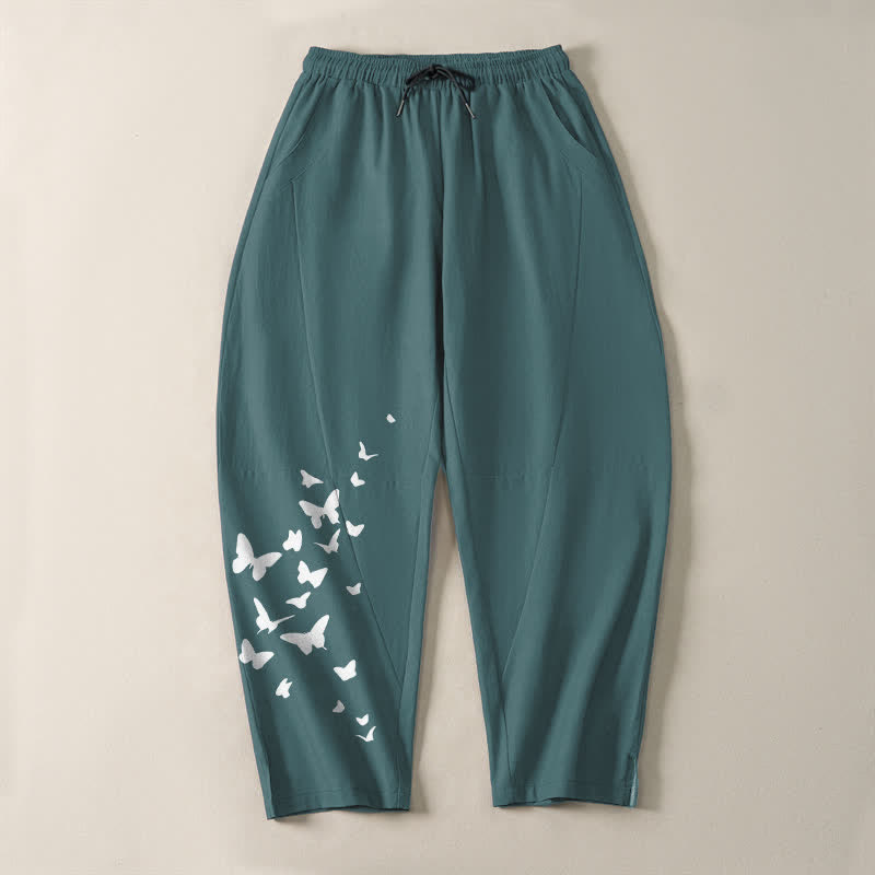 Nimara Ritual Pure Cotton White Butterfly Cluster Pattern Drawstring Men's Tapered Pants With Pockets