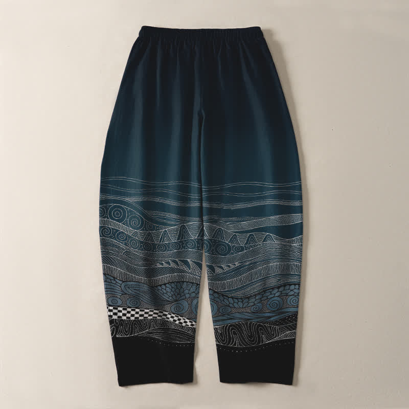 Nimara Ritual Pure Cotton Tribal Wave Pattern Drawstring Men's Tapered Pants With Pockets